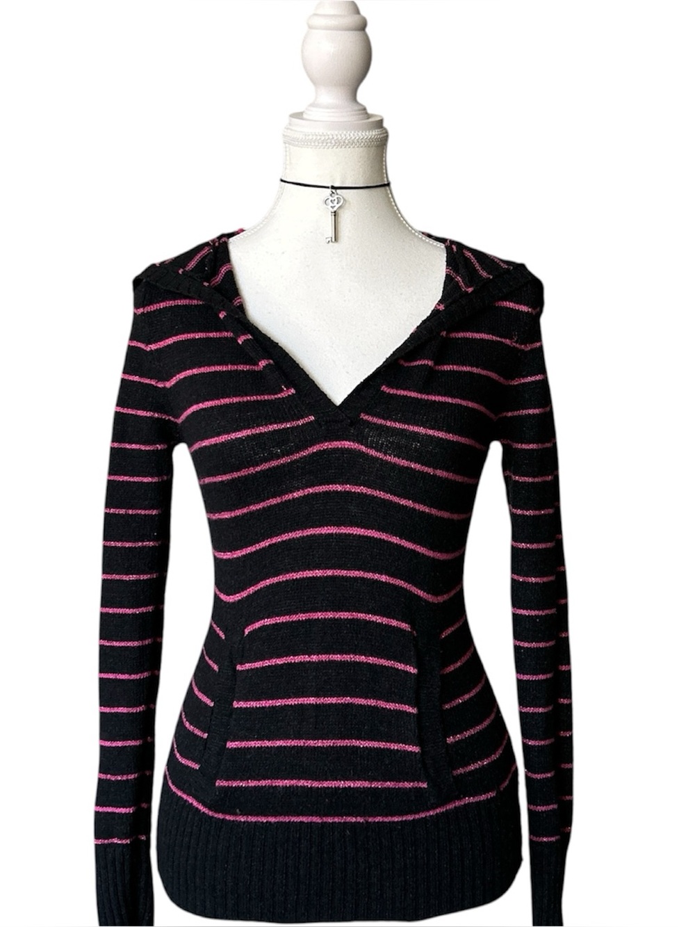 Y2K “Garage” Black and Pink Stripe Knit V-Neck Pullover Hoodie